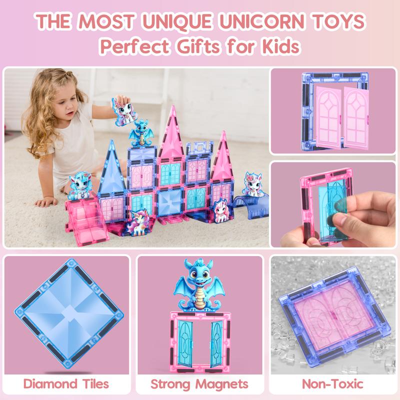 Unicorn Toys for Girls Age 4-6,Magnetic Tiles for Toddlers 3+,Kids Magnet Building Blocks,2024 Coolest Christmas Birthday Gifts for Girls.