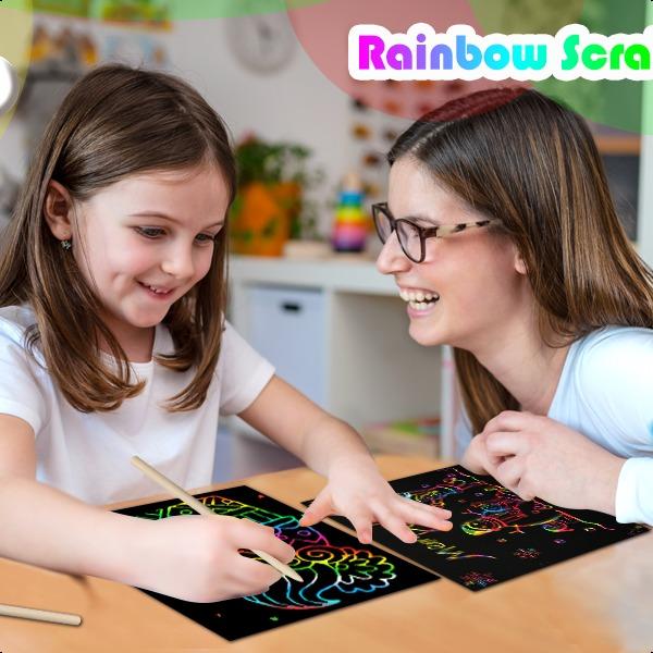 Rainbow Art Paper Set - 50Pcs Magic Scratch Off Art Craft Supplies Kits for Girls Boys Black Scratch Notes Sheet Doodle Pad for Fun DIY Party Favors Christmas Birthday Gift