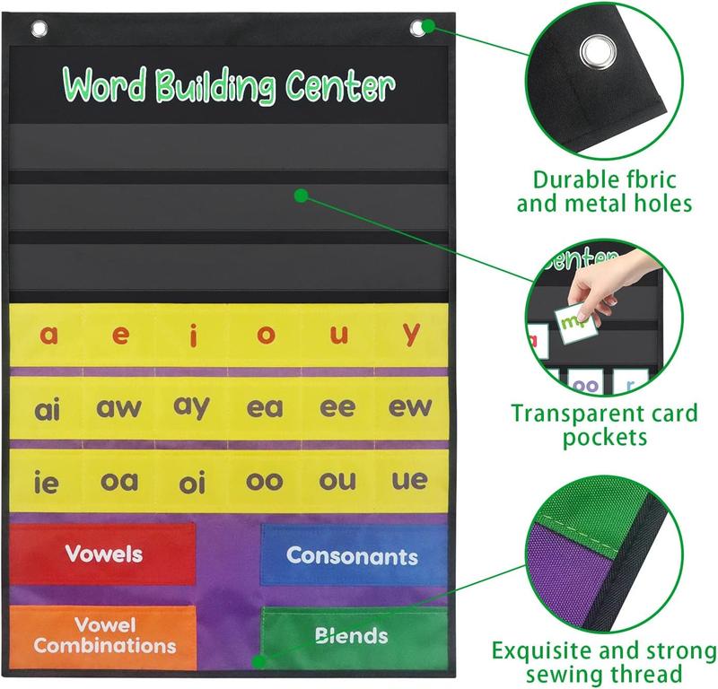 ABCKEY Word Building Center Pocket Chart for  Preschool  Resources, Syllable, Word Recognition Pocket Chart with Word Families Cards, Classroom Pocket Chart, Teacher Pocket Charts toy gift kid toddler classroom   cards educational learning