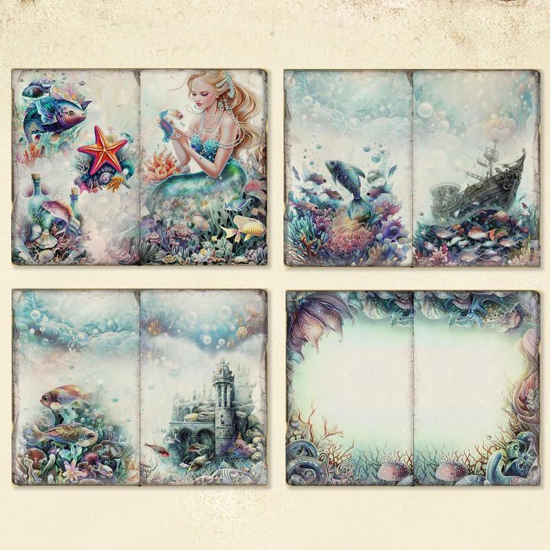 16 Sheets Set Cartoon Mermaid World Pattern Material Paper, Multi-purpose Non-adhesive Collage Material Paper For DIY Craft, Scrapbooking & Journaling, Gift Wrapping Decor Paper