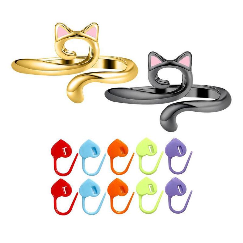 Cat Ear Design Crochet Ring, 2 Counts Cute Cat Crochet Ring & 10 Heart Stitch Markers, Adjustable Knitting Tool Set, DIY Knitting Accessories for Hand Knitting