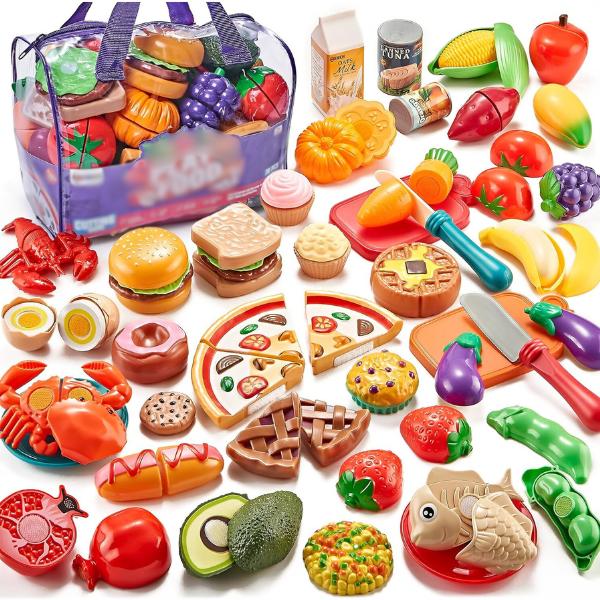 Christmas gift 78-Piece Pretend Play Food Set for Kids – Toy Food with Storage Bag, Veggies, Fruits, Pizza Toy, and Play Kitchen Accessories