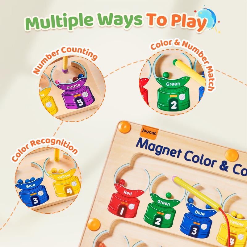 JoyCat Magnetic Color and Number Maze Toy, Montessori Educational Wooden Color Matching Counting Puzzle Magnetic Board