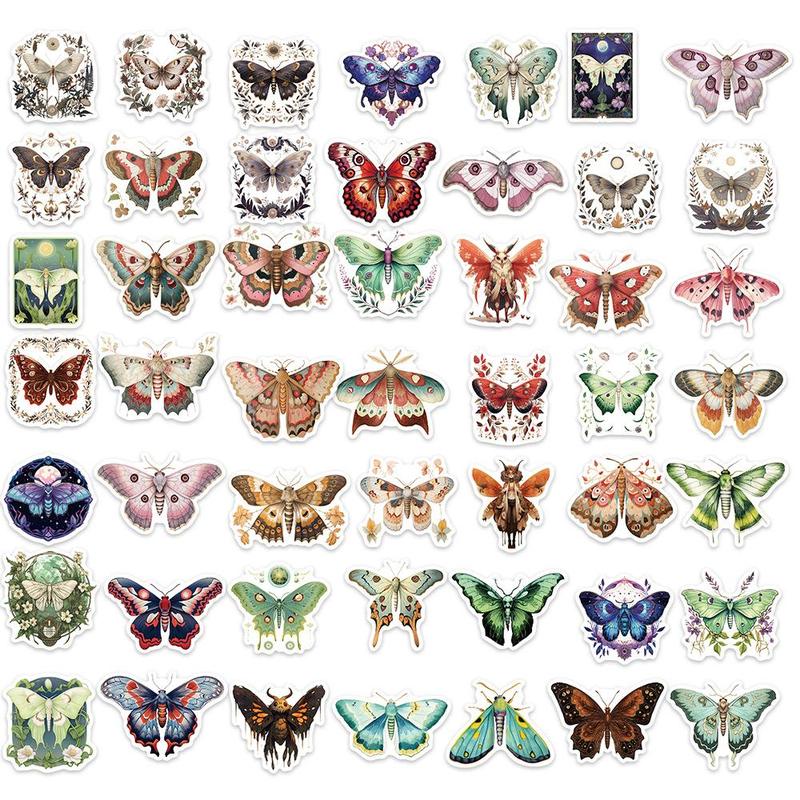 Cartoon Moth Pattern Sticker (50pcs), Waterproof Decorative Sticker, DIY Creative Sticker for Toy Water Bottle Luggage Skateboard Journal Scrapbook Gift Wrapping, Home Essentials