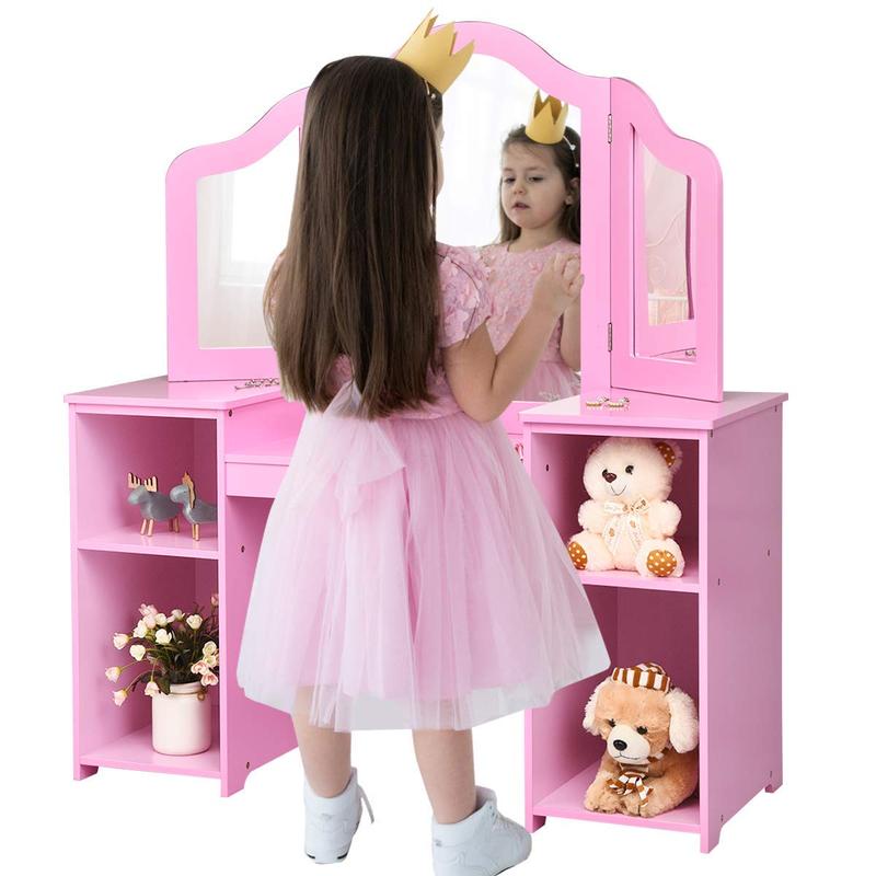 Costzon Kids Vanity, 2 in 1 Princess Makeup Desk Dressing Table with Detachable Top, Toddler Vanity with Tri-fold Mirror & Storage Shelves, Pretend Play Vanity for Little Girls