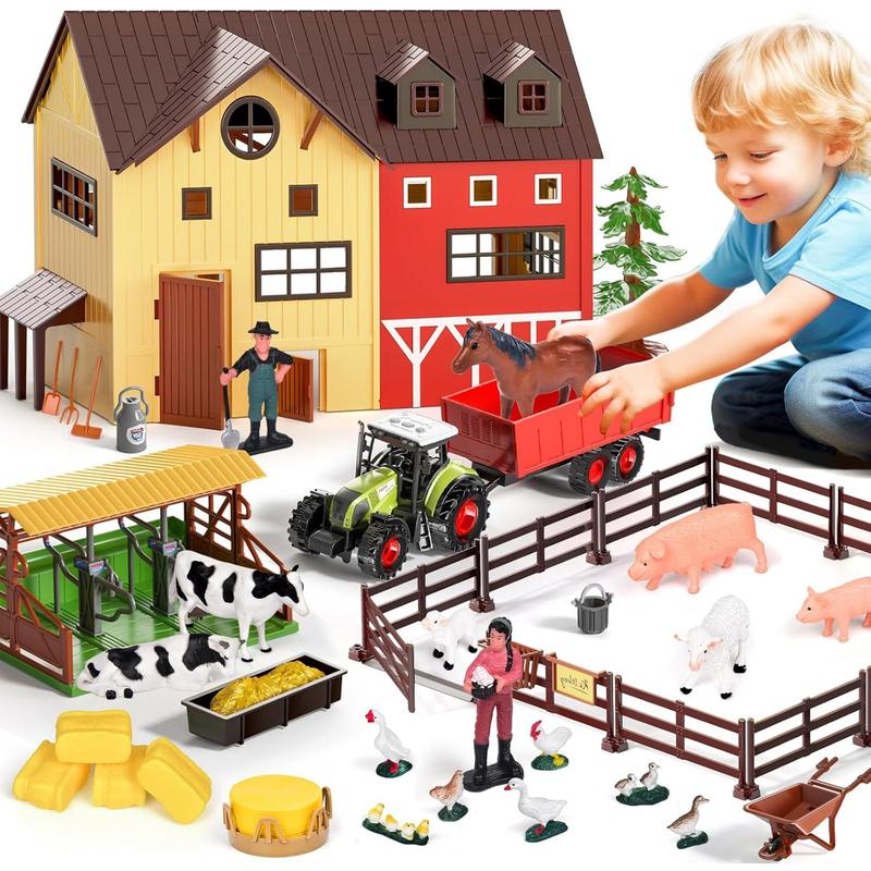 Farm Animals Barn House Toys - Kids Tractor Toy with Lights & Sound, Horse Stable, Cowshed, Chicken Fence, Animal, Farm Accessories, Easter Birthday Gifts for Boys Toddlers Ages 3+