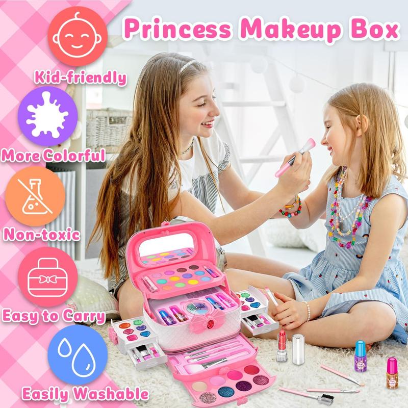 58 Pcs Kids Makeup Kit for Girl, Princess Toys Real Washable Cosmetic Set with Mirror, Play Make Up Birthday Gifts  Old Kid (Pink)