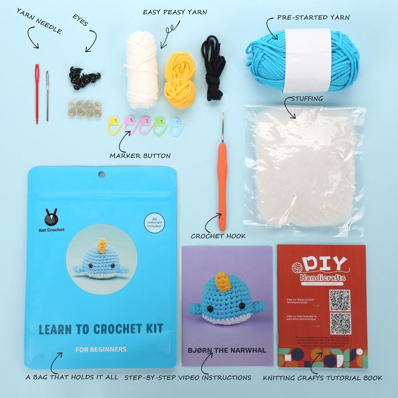 Crochet Kit for Beginners, Narwhal Crochet Kit, Include Easy Knitting Soft Yarn, With Step-by-Step Video Tutorial, Beginner Crochet Kit for Adults and Kids, Holiday Birthday Gift for Adults and Kids, Crochet Fashion ideas, Diy Crochet