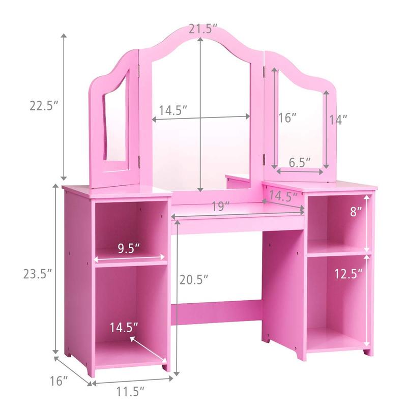 Costzon Kids Vanity, 2 in 1 Princess Makeup Desk Dressing Table with Detachable Top, Toddler Vanity with Tri-fold Mirror & Storage Shelves, Pretend Play Vanity for Little Girls