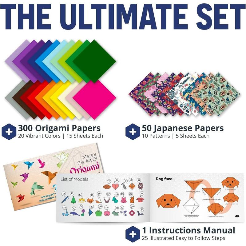 Origami Paper | 350 Origami Paper Kit | Set Includes - 300 Sheets 20 Colors 6x6 | 50 Traditional Japanese Patterns | Origami Book 25 Easy Colored Projects | Kids Crafts | Christmas Gifts for boys 8-12