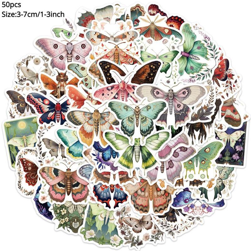 Cartoon Moth Pattern Sticker (50pcs), Waterproof Decorative Sticker, DIY Creative Sticker for Toy Water Bottle Luggage Skateboard Journal Scrapbook Gift Wrapping, Home Essentials