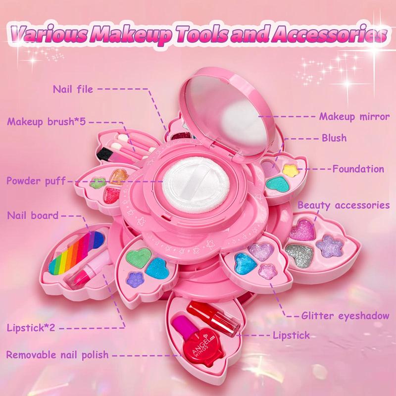 Magic Pink Petal-Shaped Makeup Box for children aged 3, 4, 5, 6 + Children's Makeup Tools