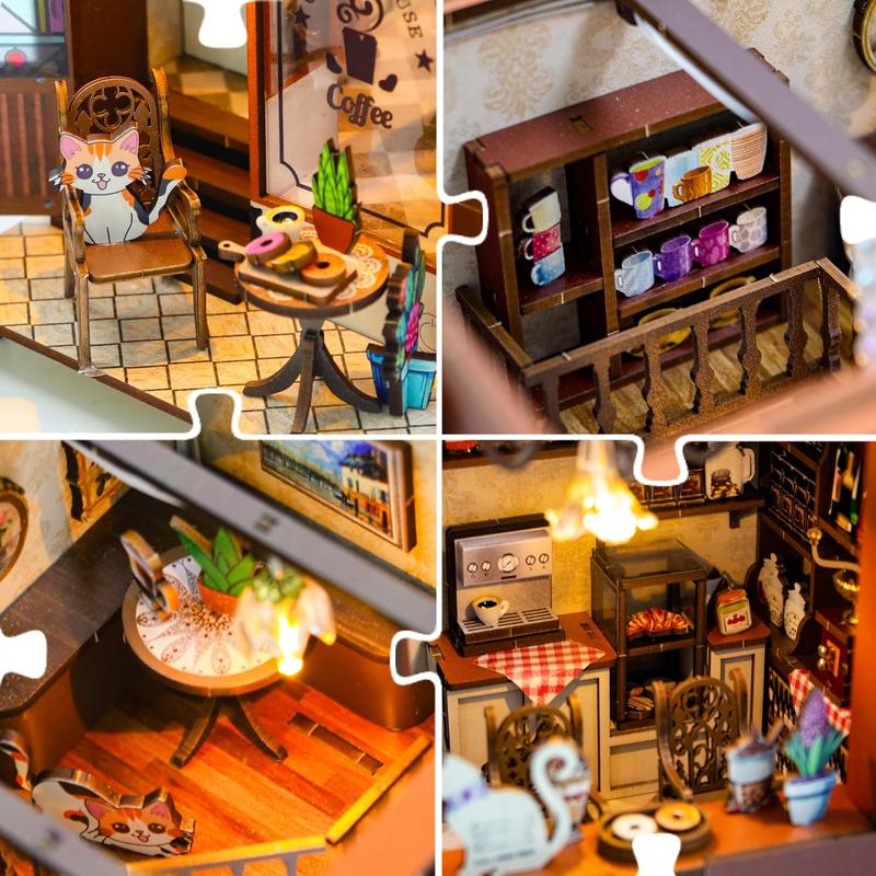 Book Nook Kit Garden House DIY Book Nook Kits Room Bookshelf Insert Miniature Decor Kit 3D Wooden Puzzle Bookshelf Decor with Led Decor Suitable for Adults and Teenagers Craft Gifts (Music Cafe)