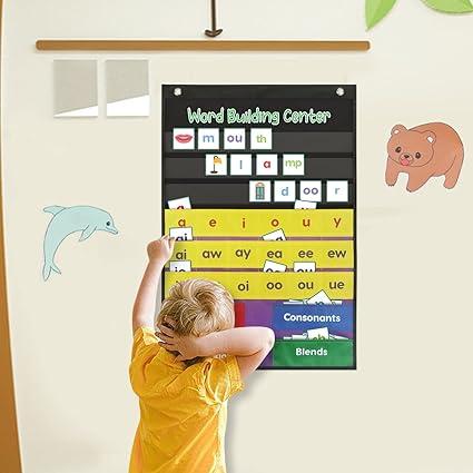 ABCKEY Word Building Center Pocket Chart for  Preschool  Resources, Syllable, Word Recognition Pocket Chart with Word Families Cards, Classroom Pocket Chart, Teacher Pocket Charts toy gift kid toddler classroom   cards educational learning