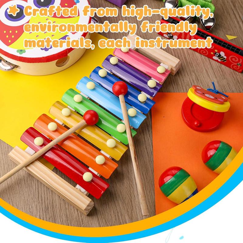 POPLAY 12PCS Toddler Musical Instruments, Wooden Percussion Instruments Toys for Toddlers Musical Toys Set with Mesh Bag Tambourine Xylophone for Baby Kids Preschool Education