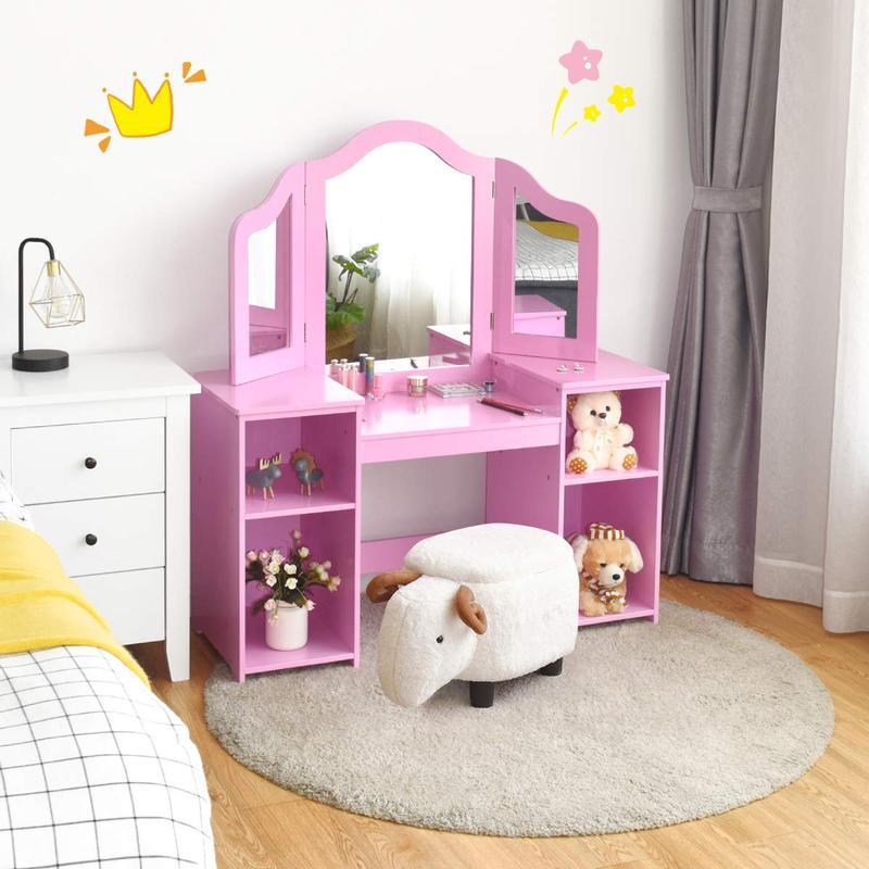 Costzon Kids Vanity, 2 in 1 Princess Makeup Desk Dressing Table with Detachable Top, Toddler Vanity with Tri-fold Mirror & Storage Shelves, Pretend Play Vanity for Little Girls