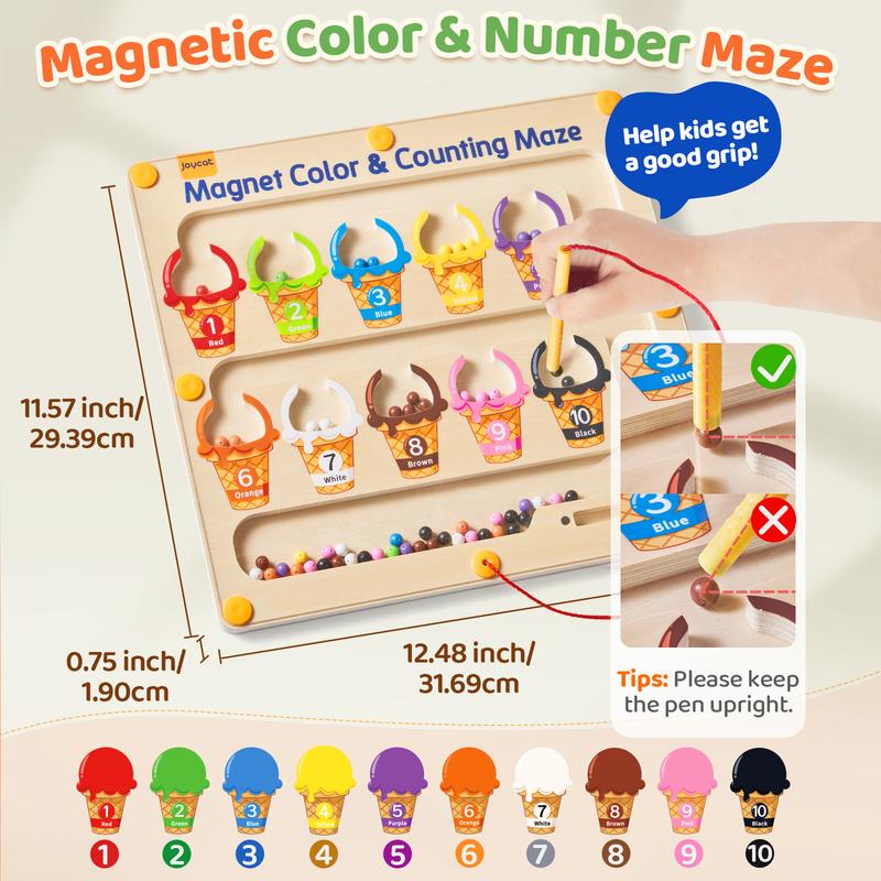 JoyCat Magnetic Color and Number Maze Toy, Montessori Educational Wooden Color Matching Counting Puzzle Magnetic Board