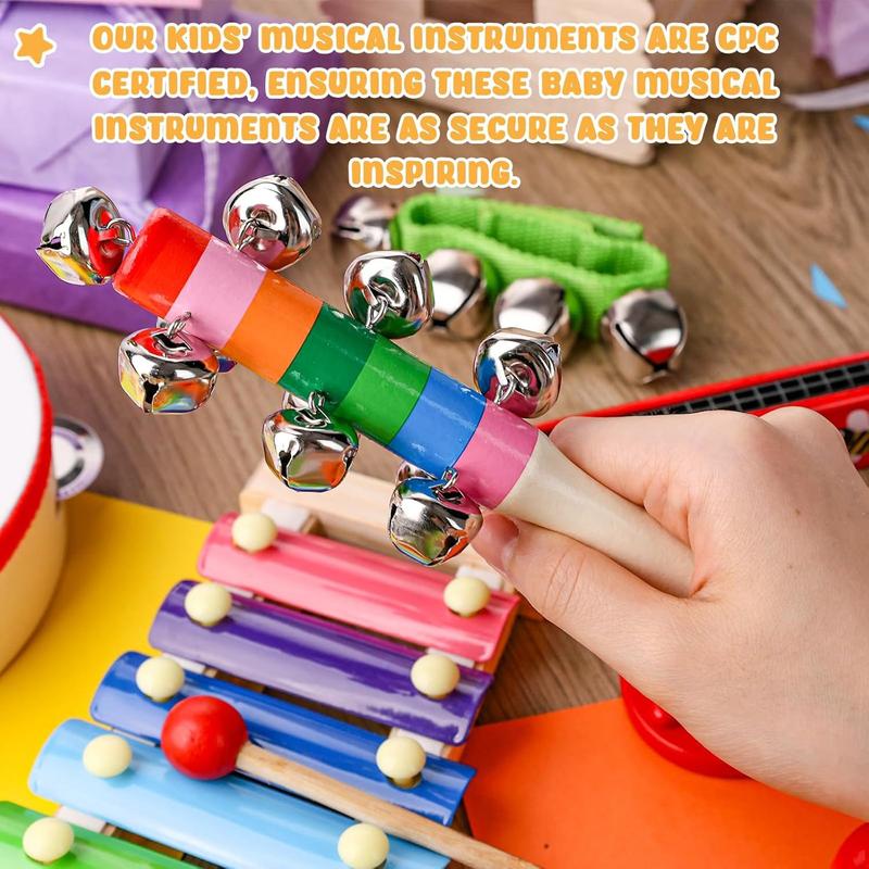 POPLAY 12PCS Toddler Musical Instruments, Wooden Percussion Instruments Toys for Toddlers Musical Toys Set with Mesh Bag Tambourine Xylophone for Baby Kids Preschool Education