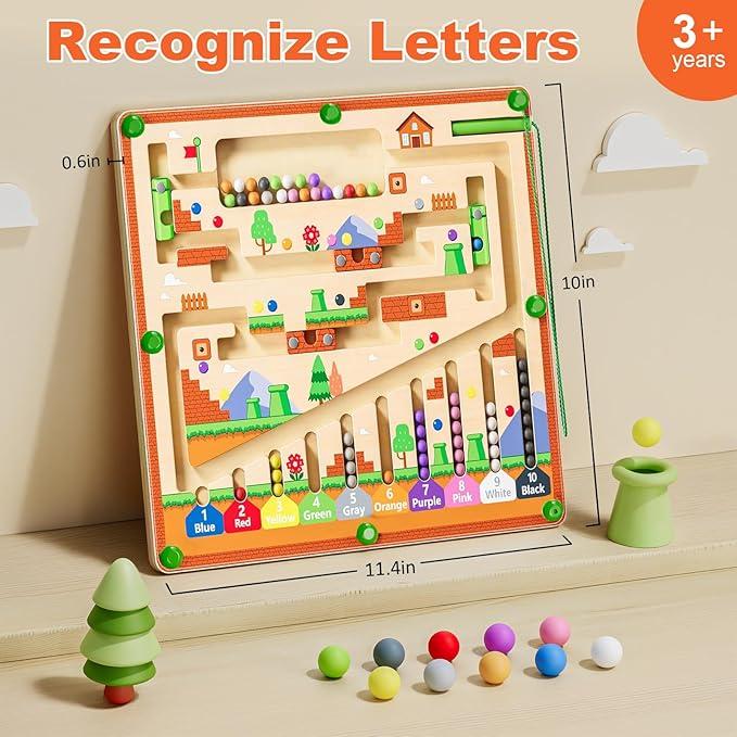 Magnetic Color and Number Maze, Wooden Matching Learning Counting Puzzle Board for Halloween Christmas Gift for Boys and Girls