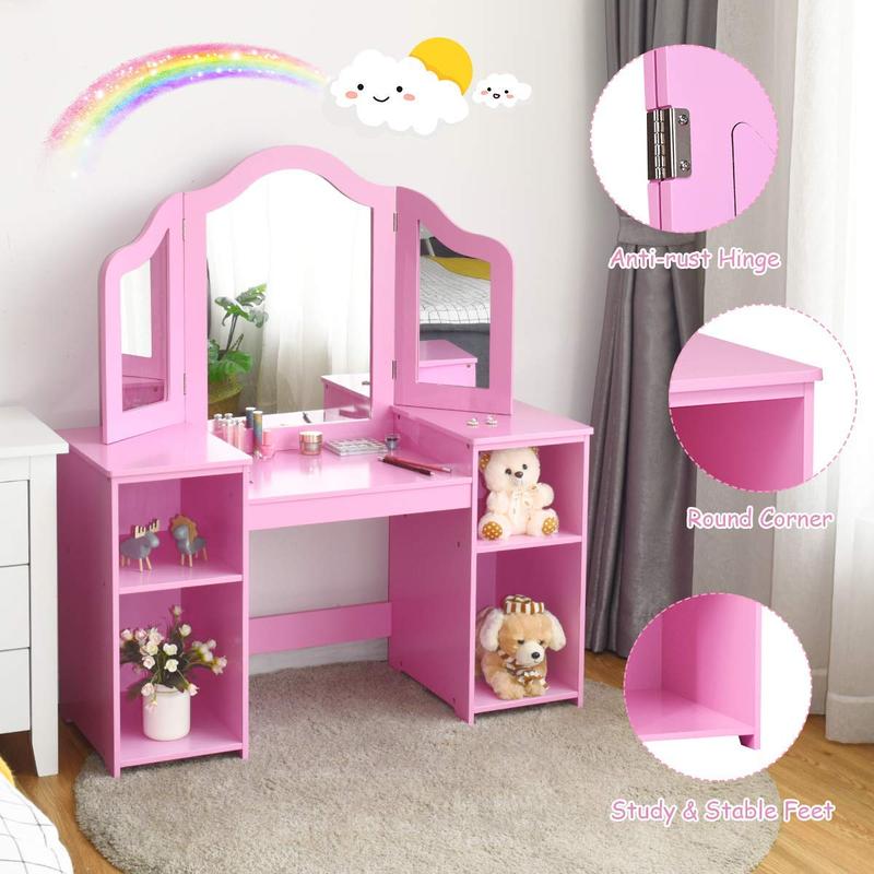 Costzon Kids Vanity, 2 in 1 Princess Makeup Desk Dressing Table with Detachable Top, Toddler Vanity with Tri-fold Mirror & Storage Shelves, Pretend Play Vanity for Little Girls