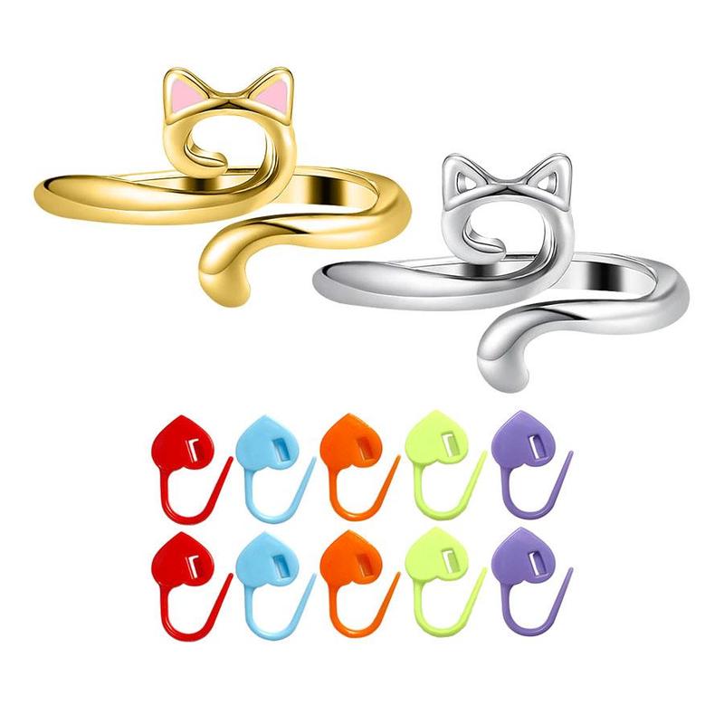 Cat Ear Design Crochet Ring, 2 Counts Cute Cat Crochet Ring & 10 Heart Stitch Markers, Adjustable Knitting Tool Set, DIY Knitting Accessories for Hand Knitting