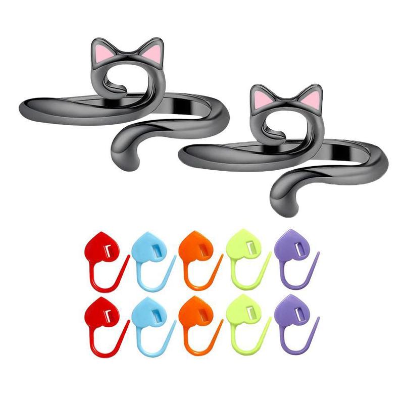 Cat Ear Design Crochet Ring, 2 Counts Cute Cat Crochet Ring & 10 Heart Stitch Markers, Adjustable Knitting Tool Set, DIY Knitting Accessories for Hand Knitting