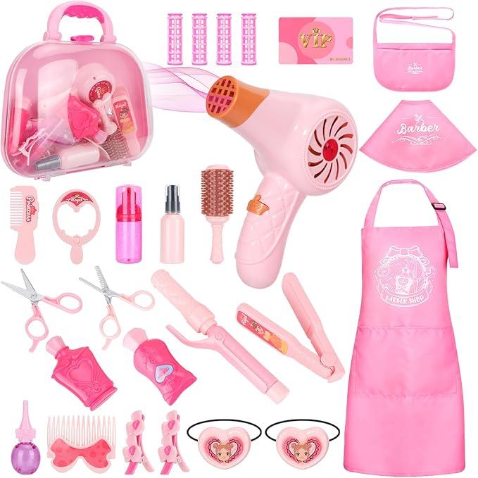 27-Piece Girls Salon Pretend Play Set, Role Play Hairstyle Set with Hair Dryer, Barber Apron and Styling Accessories Toys for Girls Ages 3-9 unicorn bag