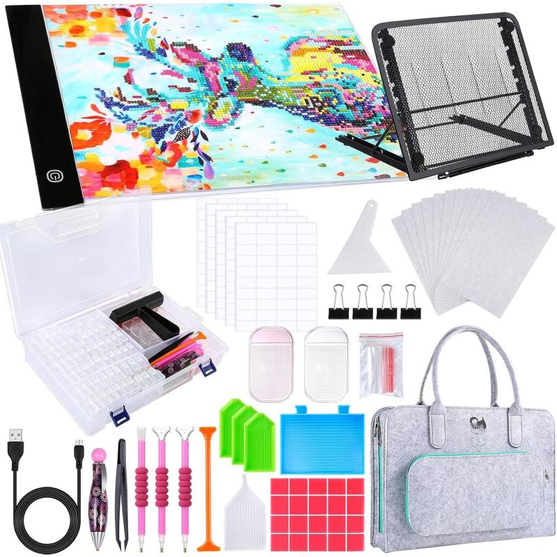 170 count A4 Diamond Art Led Light Pad Kits, 3-Level Adjustable Light Board with 80 Grids Diamond Box, Felt Hand Held Bag, Stand and Diamond Art Tools for Diamond Art