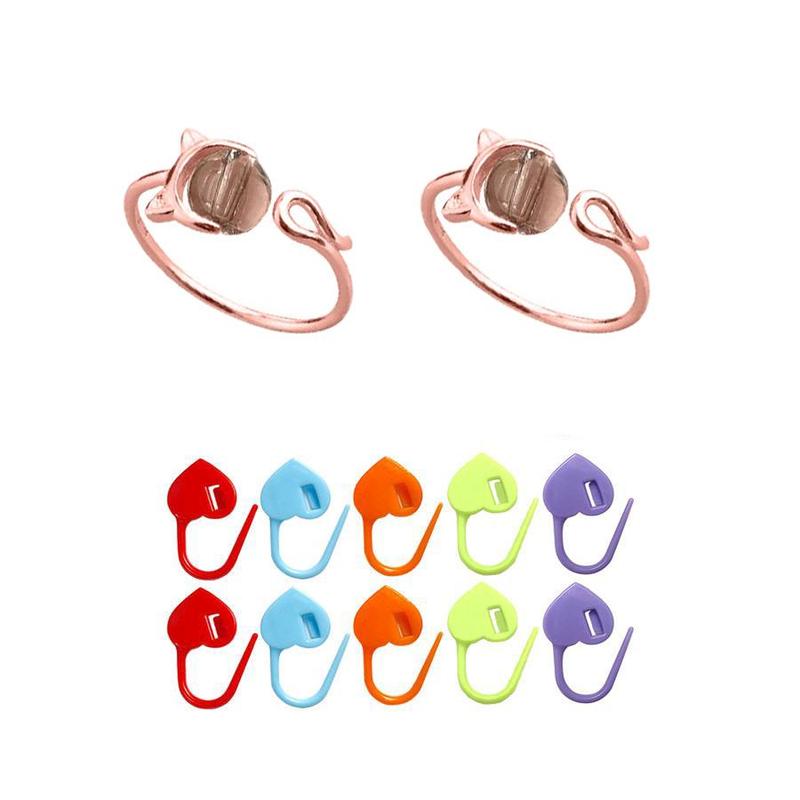 Cat Ear Design Crochet Ring, 2 Counts Cute Cat Crochet Ring & 10 Heart Stitch Markers, Adjustable Knitting Tool Set, DIY Knitting Accessories for Hand Knitting