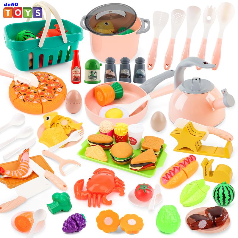 deAO Play Kitchen Accessories with Pots and Pans,Cutting Food Toy,Cookware Utensils,63 PCS Play Food Set Kitchen Cooking Toy