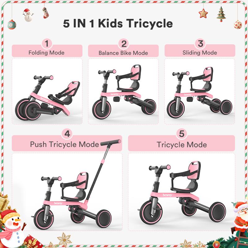 Besrey 5-in-1 Kid Tricycle Steering handle Balance training Removable pedals With sunshade