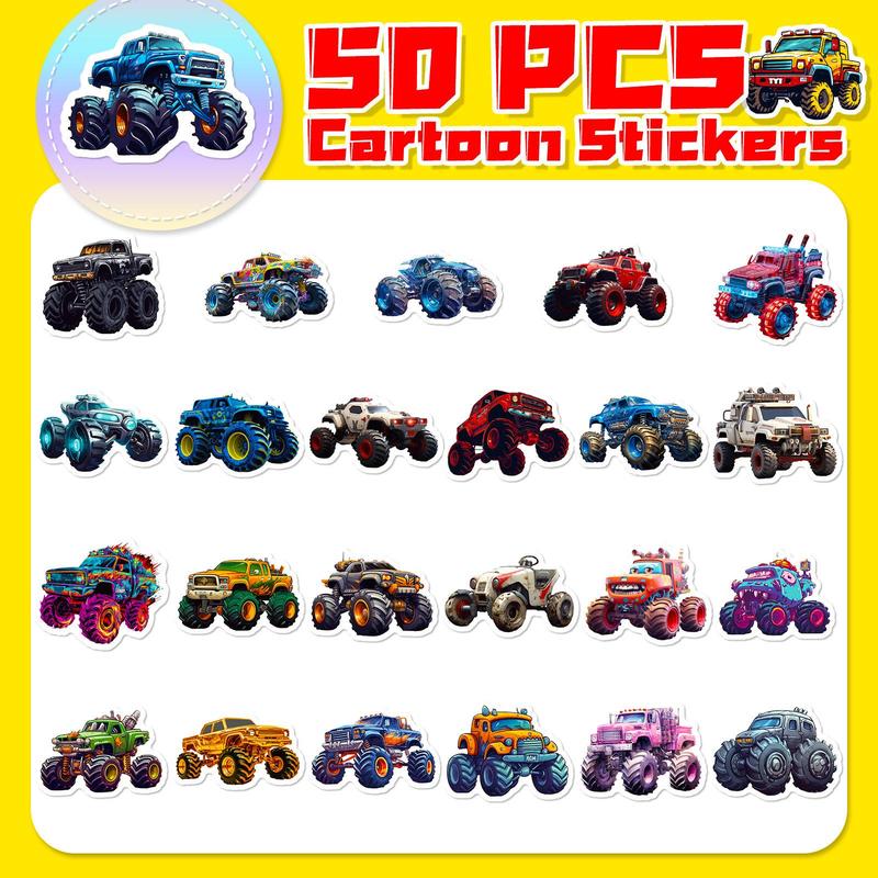 50pcs Cartoon Monster Truck Pattern Graffiti Sticker Set, Waterproof Decoration For DIY