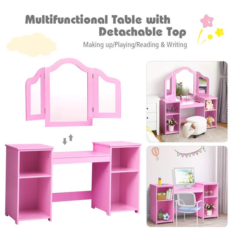 Costzon Kids Vanity, 2 in 1 Princess Makeup Desk Dressing Table with Detachable Top, Toddler Vanity with Tri-fold Mirror & Storage Shelves, Pretend Play Vanity for Little Girls