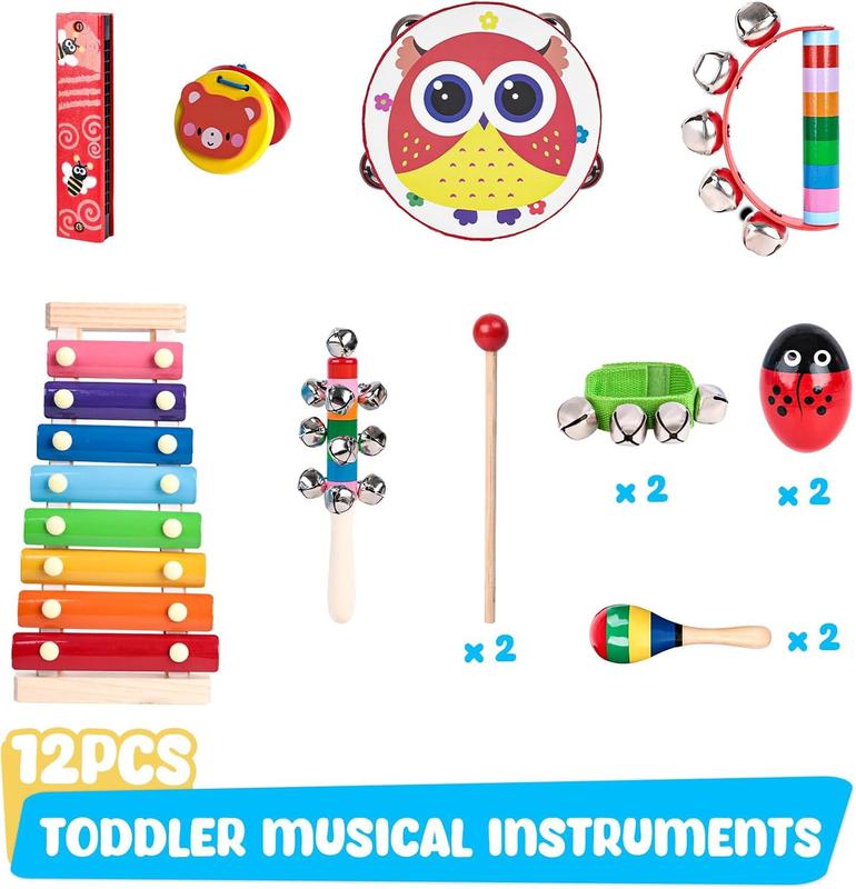 POPLAY 12PCS Toddler Musical Instruments, Wooden Percussion Instruments Toys for Toddlers Musical Toys Set with Mesh Bag Tambourine Xylophone for Baby Kids Preschool Education