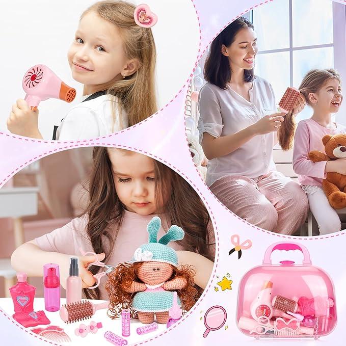 27-Piece Girls Salon Pretend Play Set, Role Play Hairstyle Set with Hair Dryer, Barber Apron and Styling Accessories Toys for Girls Ages 3-9 unicorn bag