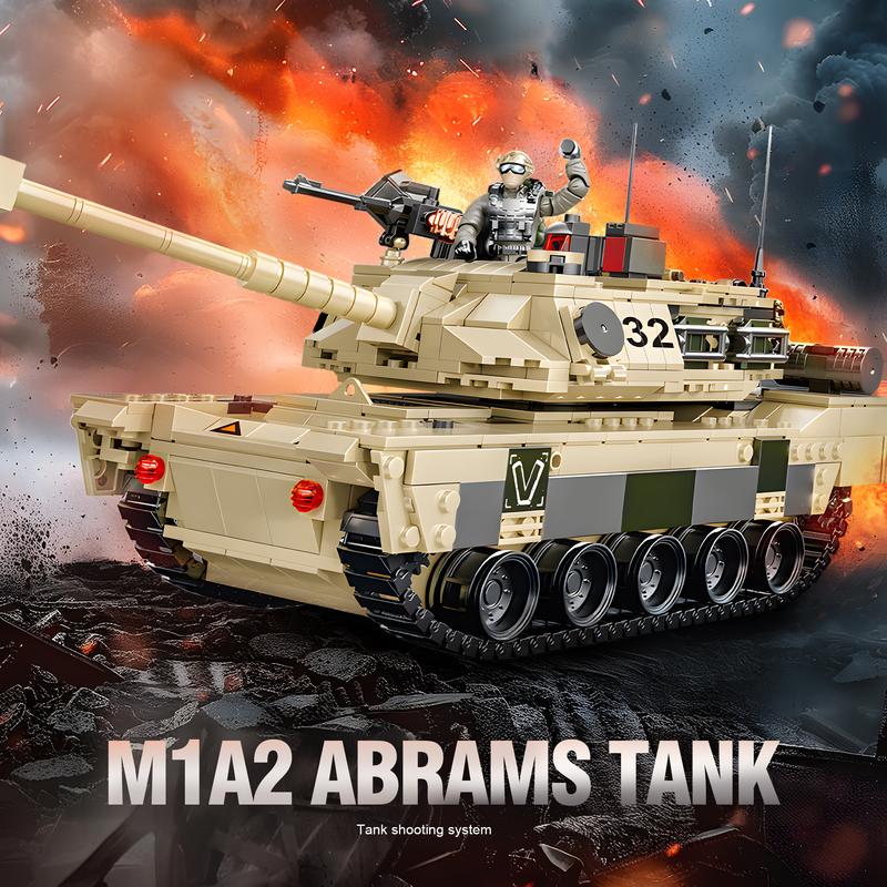 HI-REEKE M1A2 Tank Building Block Set, WW2 Military Abrams Toy for Boy