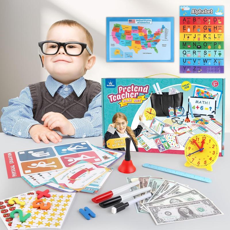 CHRISTMAS GIFT Pretend Play Teacher Set for Kids with Numbers, Bell, Whiteboard, Learning Clock Over 40 Pieces Included, Pretend Set Toys Gift for Kids Age 5 6 7 8