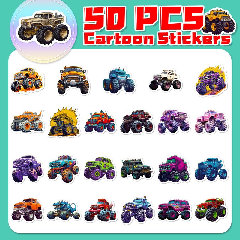 50pcs Cartoon Monster Truck Pattern Graffiti Sticker Set, Waterproof Decoration For DIY