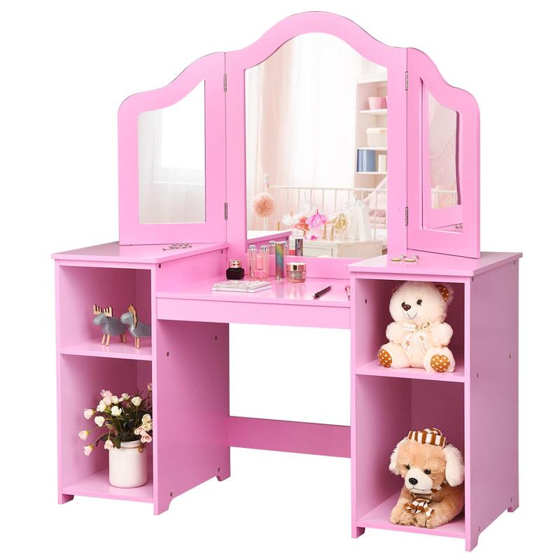 Costzon Kids Vanity, 2 in 1 Princess Makeup Desk Dressing Table with Detachable Top, Toddler Vanity with Tri-fold Mirror & Storage Shelves, Pretend Play Vanity for Little Girls