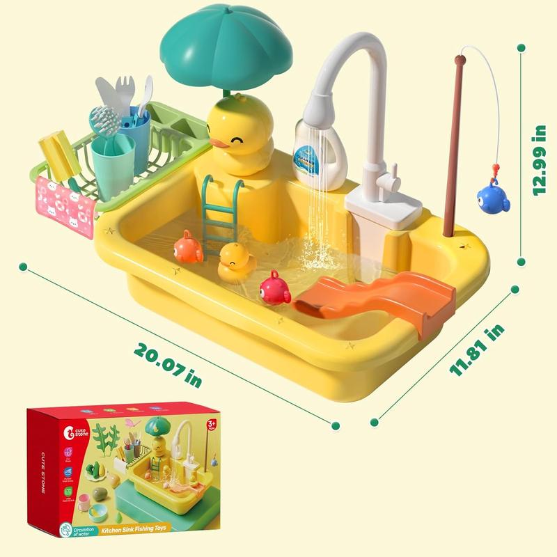 CUTE STONE Play Sink with Running Water, Kitchen Sink Toys with Play Food and Kitchen Utensils, Pool Floating Toys for Fishing Game, Role Play Electric Dishwasher Toy Gift