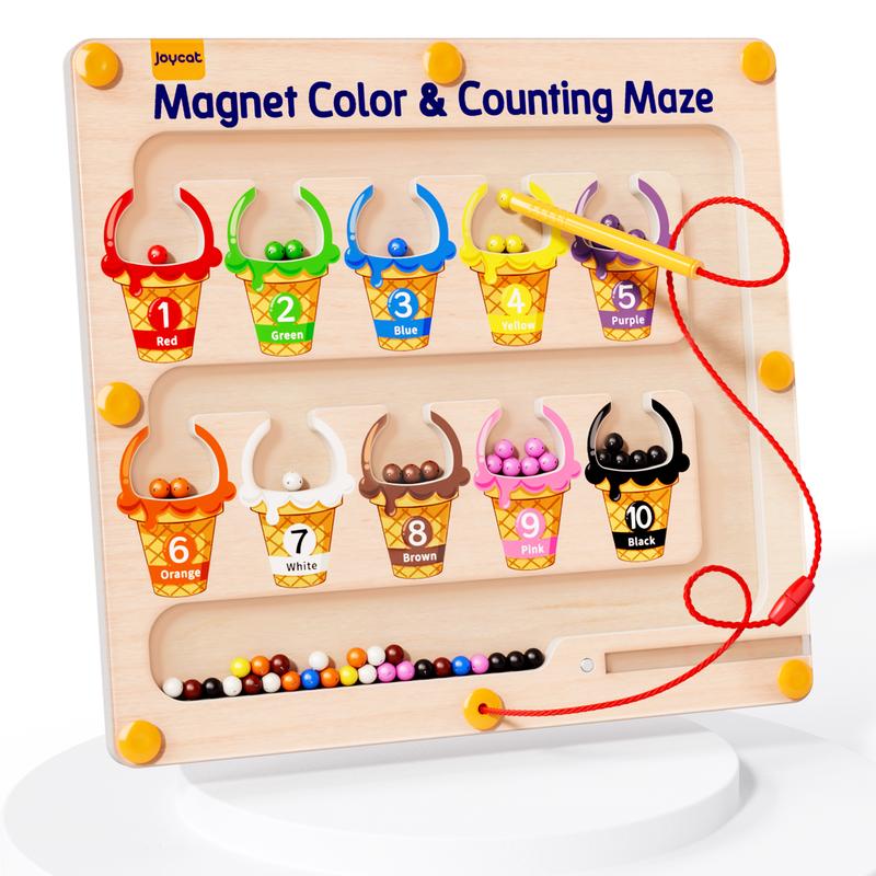 JoyCat Magnetic Color and Number Maze Toy, Montessori Educational Wooden Color Matching Counting Puzzle Magnetic Board