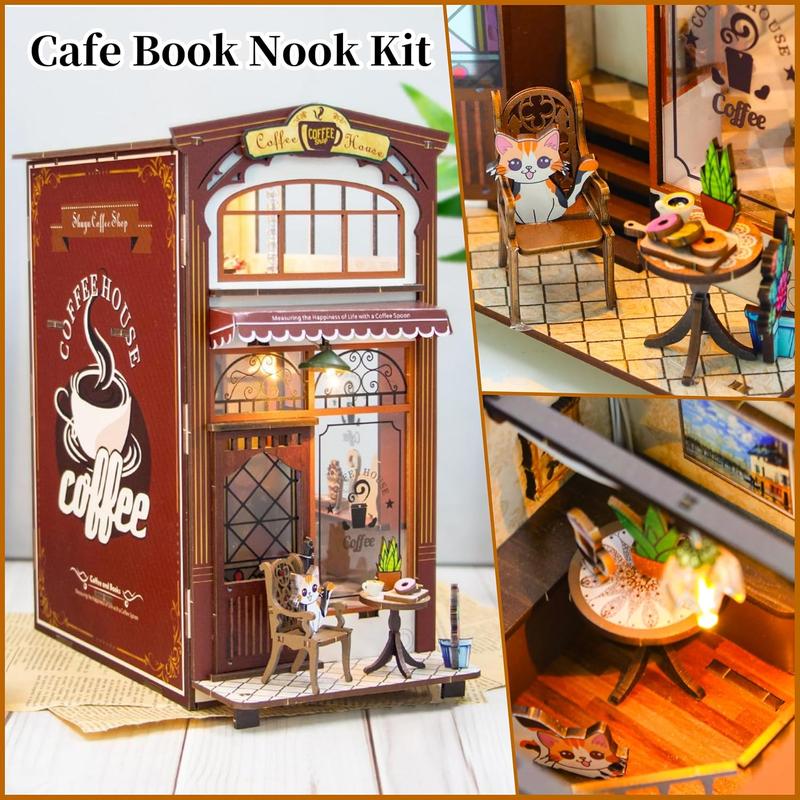 Book Nook Kit Garden House DIY Book Nook Kits Room Bookshelf Insert Miniature Decor Kit 3D Wooden Puzzle Bookshelf Decor with Led Decor Suitable for Adults and Teenagers Craft Gifts (Music Cafe)