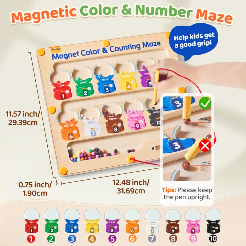 JoyCat Magnetic Color and Number Maze Toy, Montessori Educational Wooden Color Matching Counting Puzzle Magnetic Board