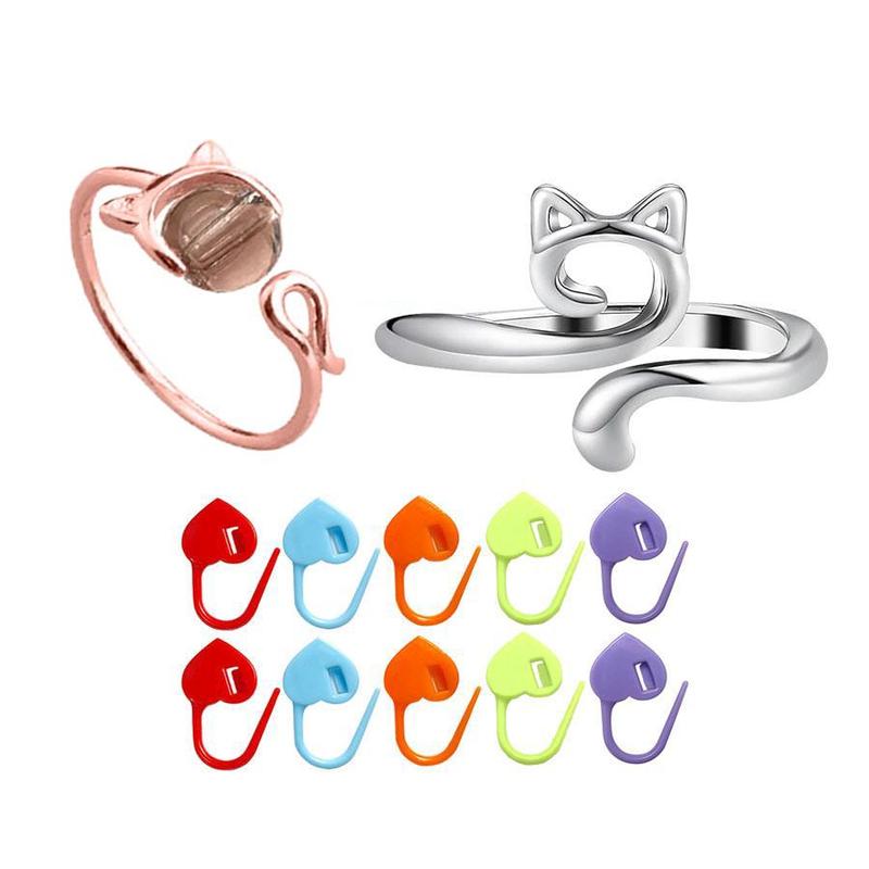 Cat Ear Design Crochet Ring, 2 Counts Cute Cat Crochet Ring & 10 Heart Stitch Markers, Adjustable Knitting Tool Set, DIY Knitting Accessories for Hand Knitting