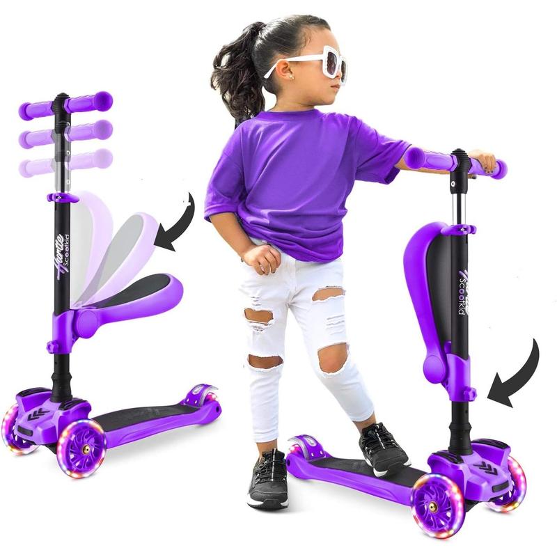 Kid's 3-Wheeled Scooter - LED Wheel Lights, Adjustable Lean-to-Steer Handlebar, Foldable Seat & Brake - for Ages 1 - 14!