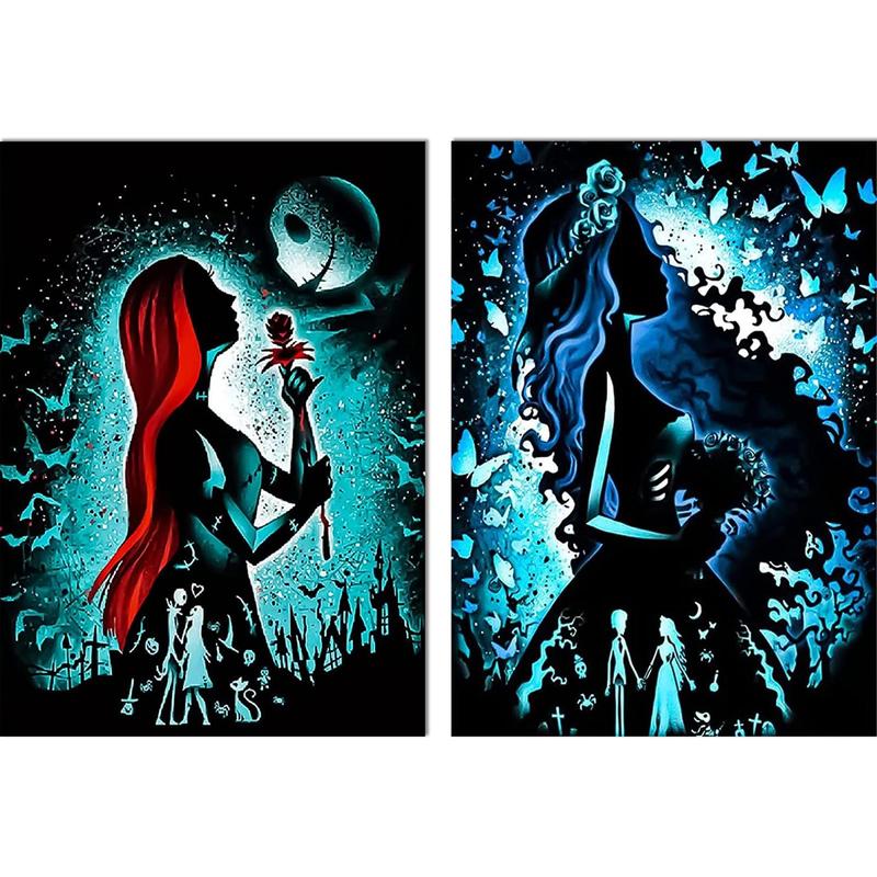 2 Pcs 5D Halloween Diamond Painting Kits for Adults-Nightmare Before Christmas Jack and Sally Diamond Painting Diamond Art Round Full Drill Diamonds for Home Wall Decor DIY Gift-12x16inch  2 Pcs JS