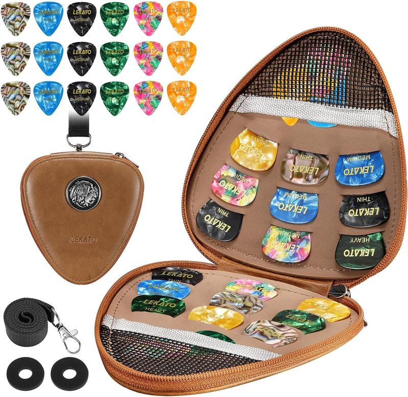 LEKATO Guitar Picks Holder Case, with 18 Pcs Picks, PU Leather Organizer Bag, with Lanyard Thin Medium Heavy Plectrums Holder, Accessories for Acoustic Electric Guitar Bass, Gift for Guitar Players