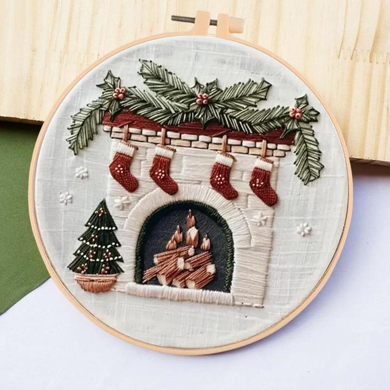 Fireplace Pattern DIY Embroidery Kit, 1 Set Embroidery with Hoop Suture Practice Kit for Adults, Handmade Unfinished Products Gifts