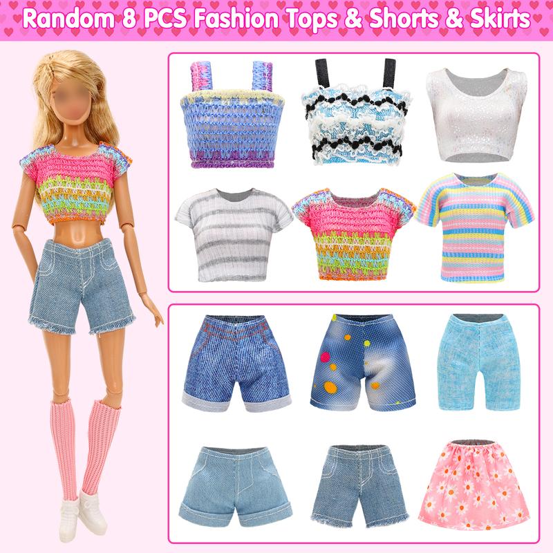 BARWA 17 PCS Girl Dolls Fashion Clothing Including Skirt,4 Tops + 3 Jean Shorts,4 Socks Random 5 Pairs of Flat Shoes for 11.5 Inch Girl Doll