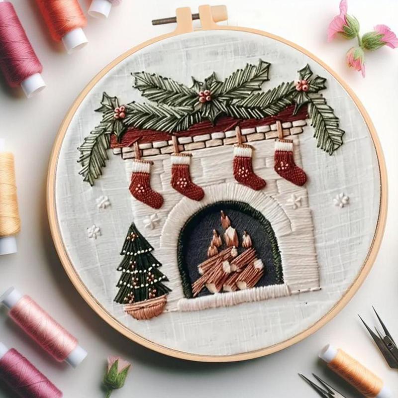 Fireplace Pattern DIY Embroidery Kit, 1 Set Embroidery with Hoop Suture Practice Kit for Adults, Handmade Unfinished Products Gifts